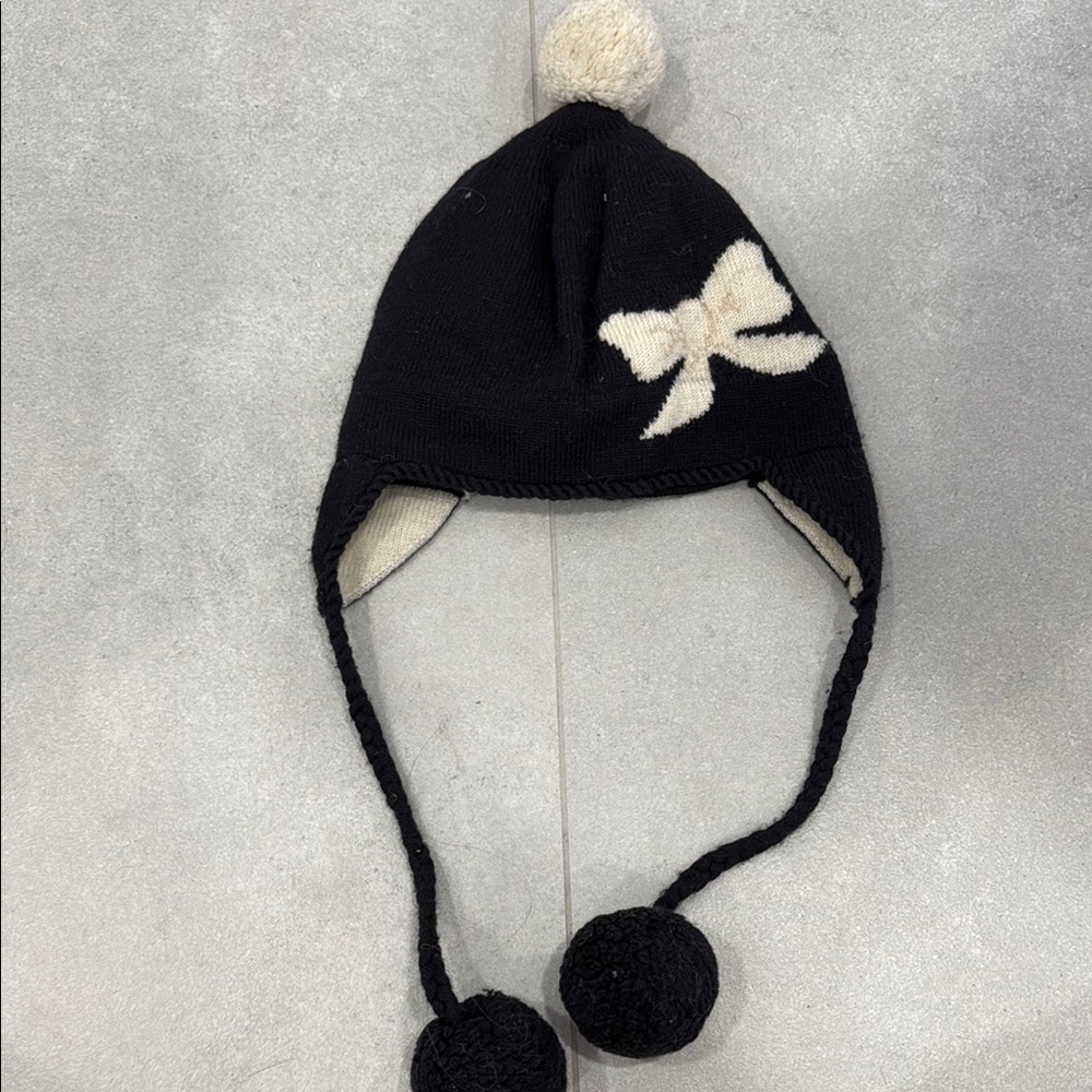 Kate Spade Bow Ski Hat with Kids Black and White Pom-Pom Hat - Picture 2 of 7